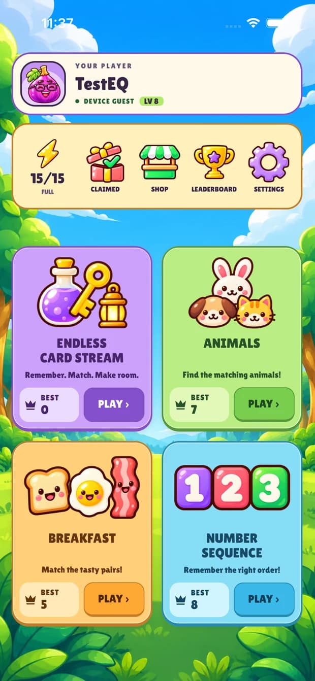 Fig It home screen with Endless, Animals, Breakfast, and Number Sequence