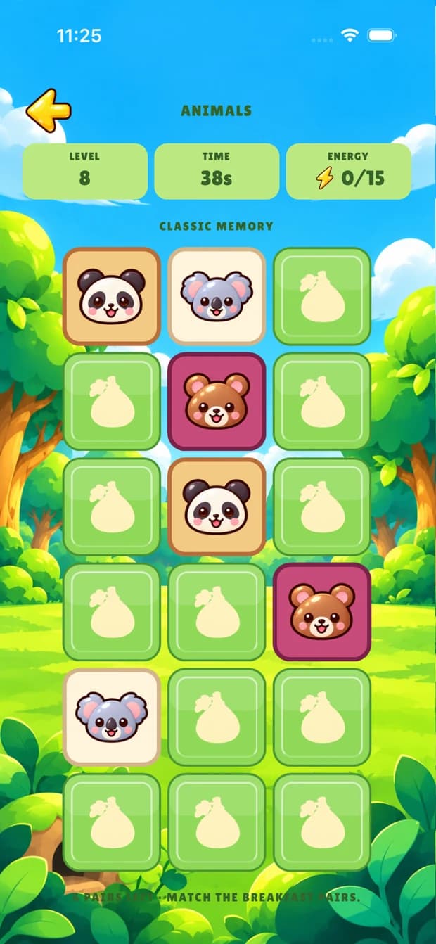 Animals memory game with colorful animal cards