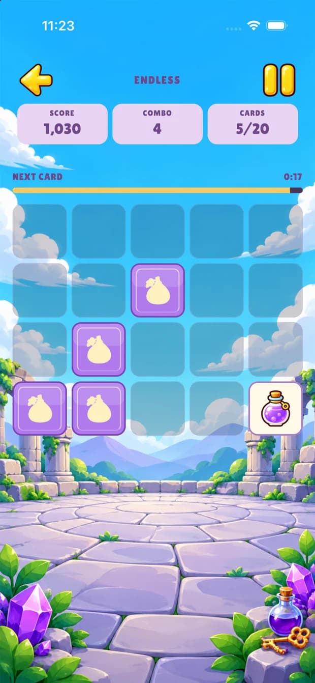 Endless card stream with score and combo counters