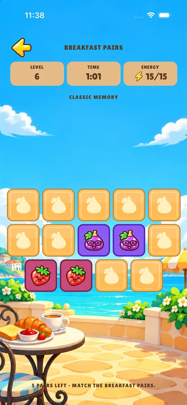 Breakfast Pairs memory game with matching food cards