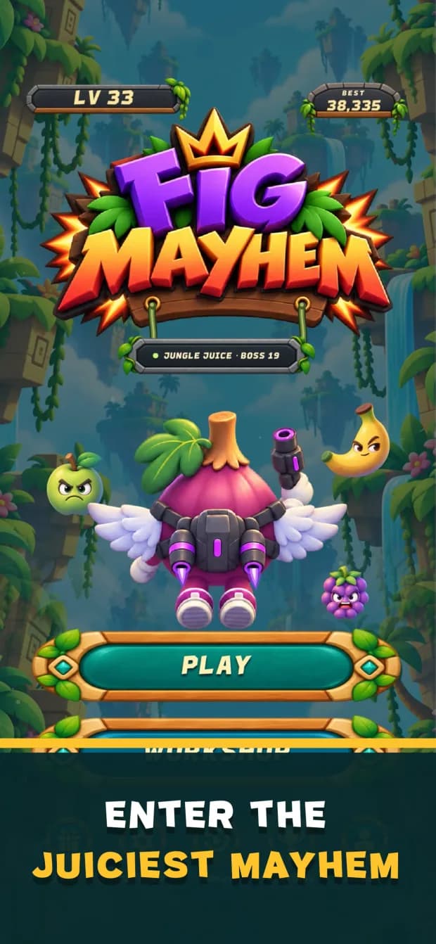 Fig Mayhem main menu with a jetpack-equipped Fig