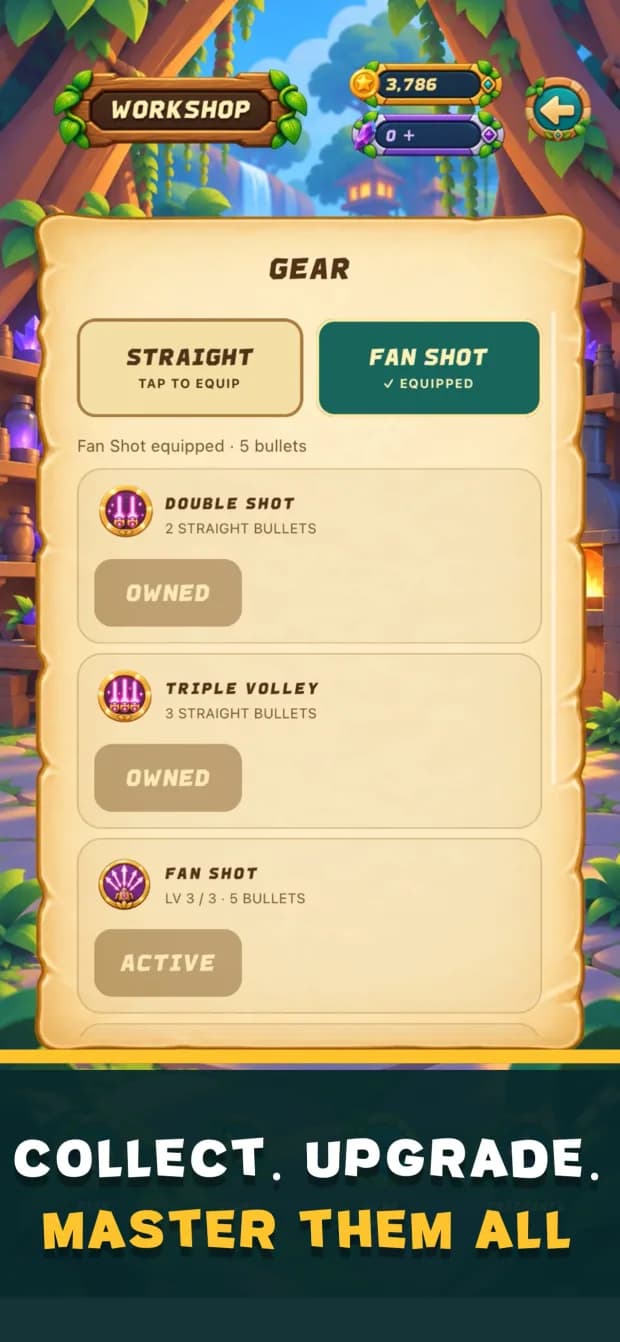 The gear workshop showing unlockable shot patterns