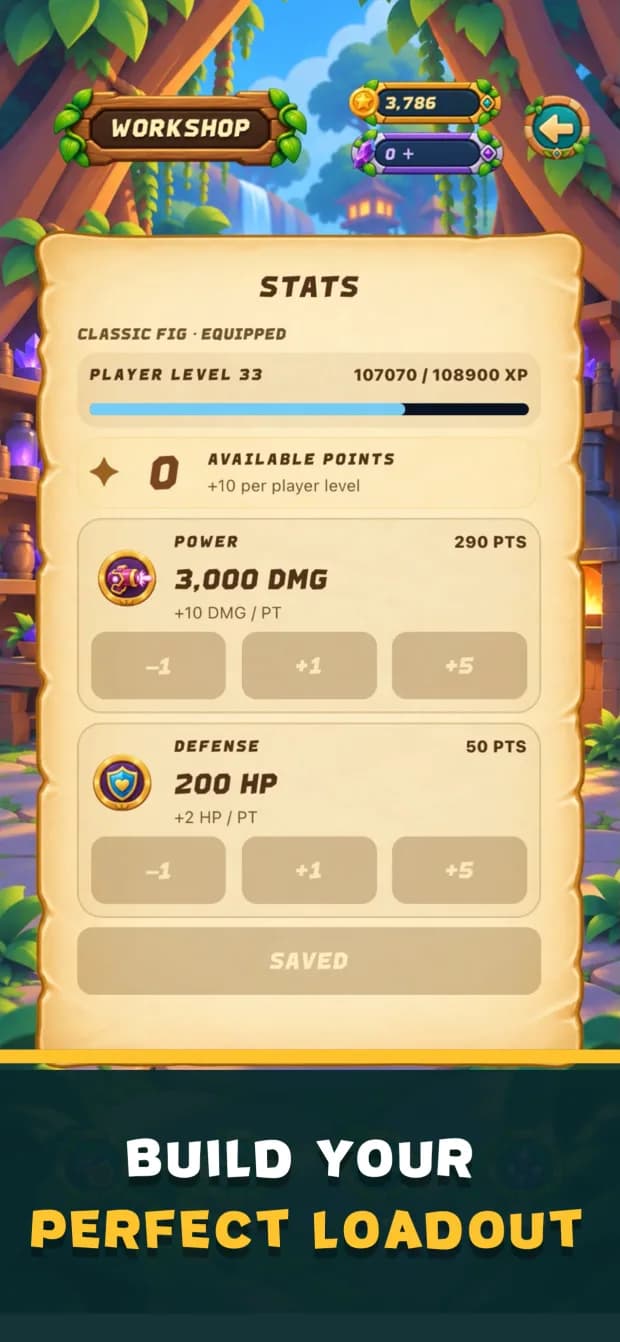 The stats workshop with power and defense upgrades
