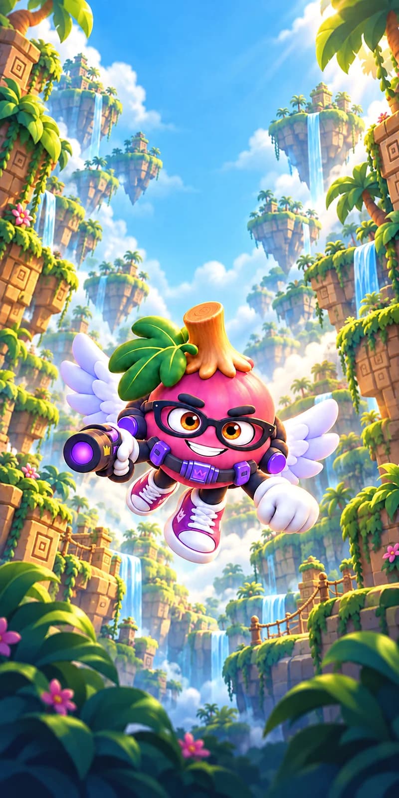 Fig flying through a lush world of floating jungle islands