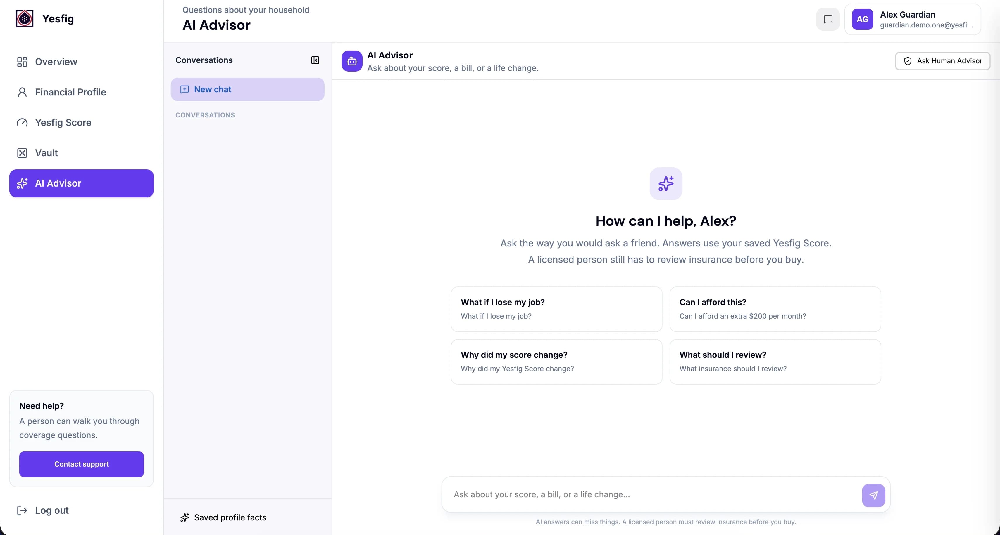 Guardian AI Advisor with personalized financial and coverage questions