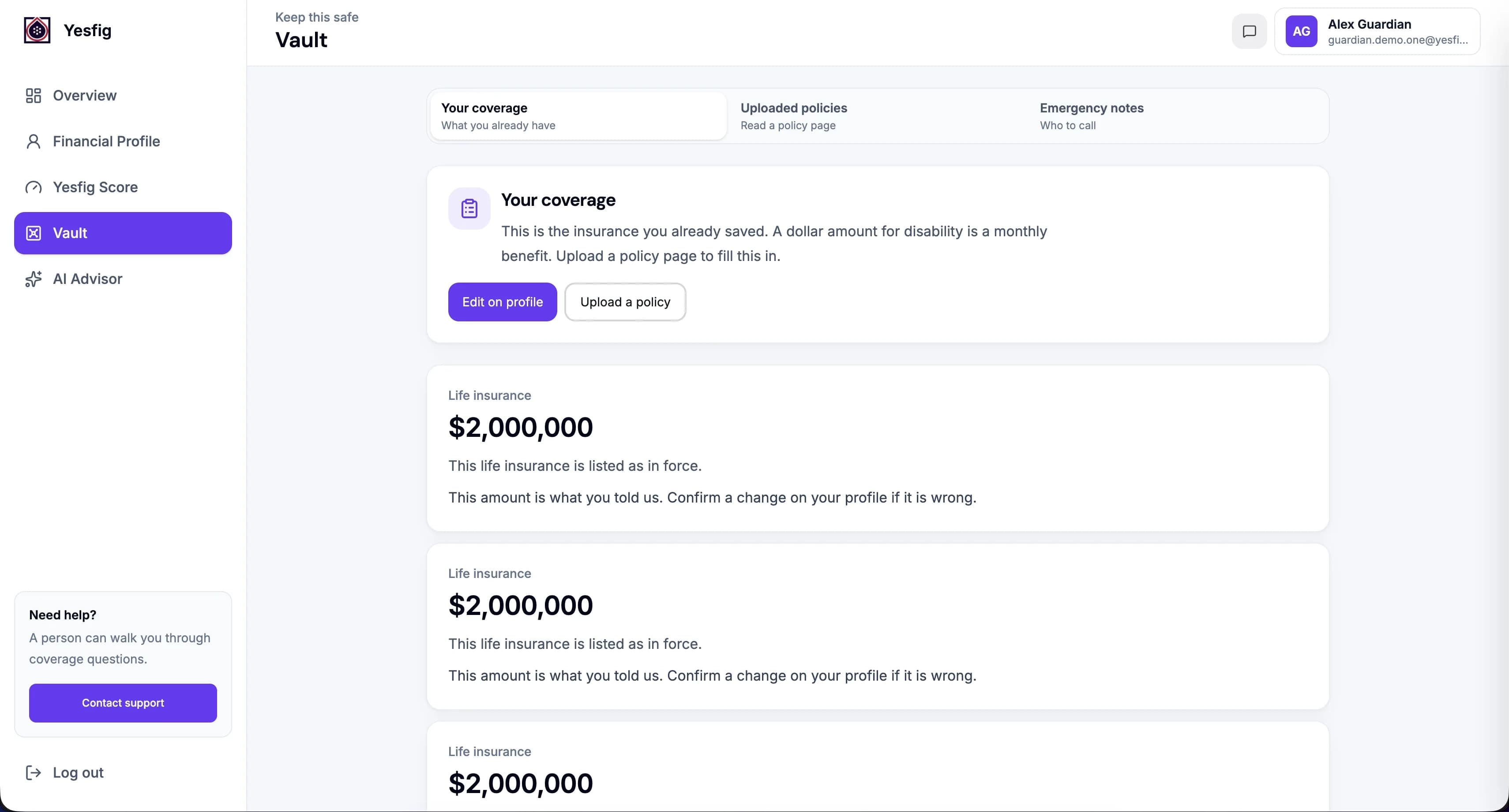 Guardian Vault showing saved insurance coverage