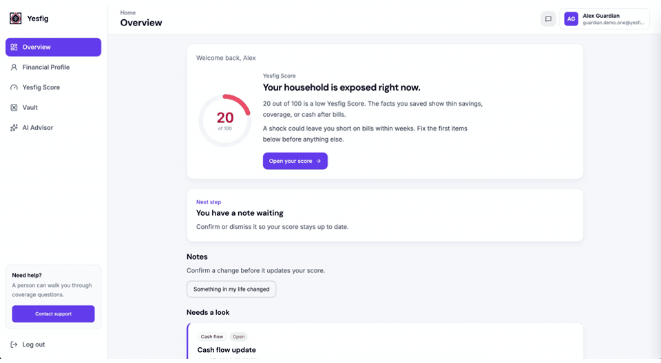 Animated tour of Guardian Overview, Financial Profile, Yesfig Score, Vault, and AI Advisor